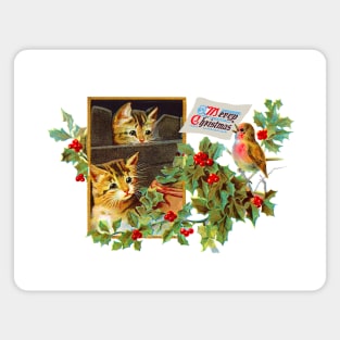 Merry Christmas Cats Vintage Retro CottageCore With Bird Magnet